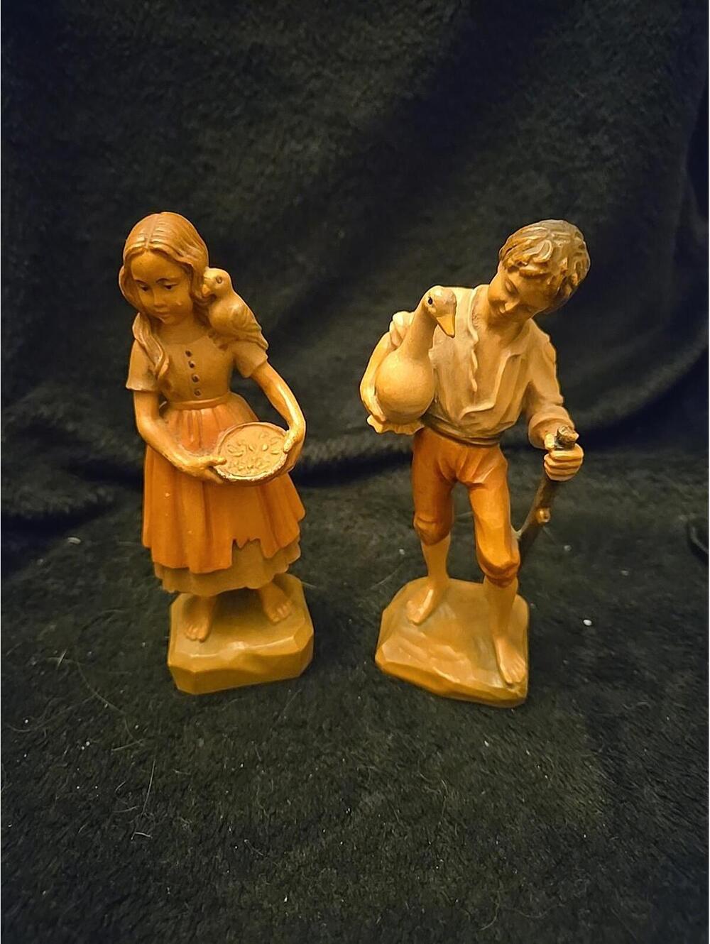 2 Wood Carvings Boy With Goose And Walking Stick And Girl With Bird And Bird...